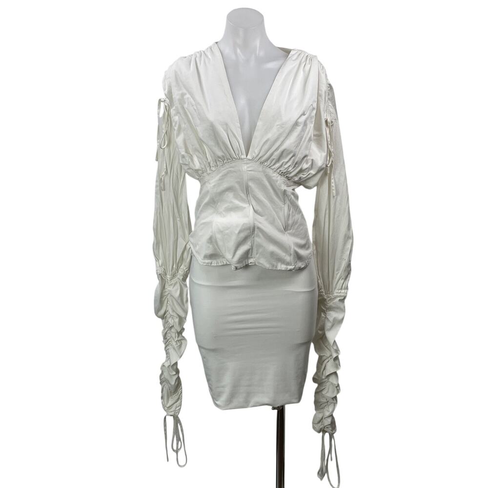 Andrea Iyamah Womens White Lace Up Tie Long Sleeves Ruched V-neck Blouse Top XXL